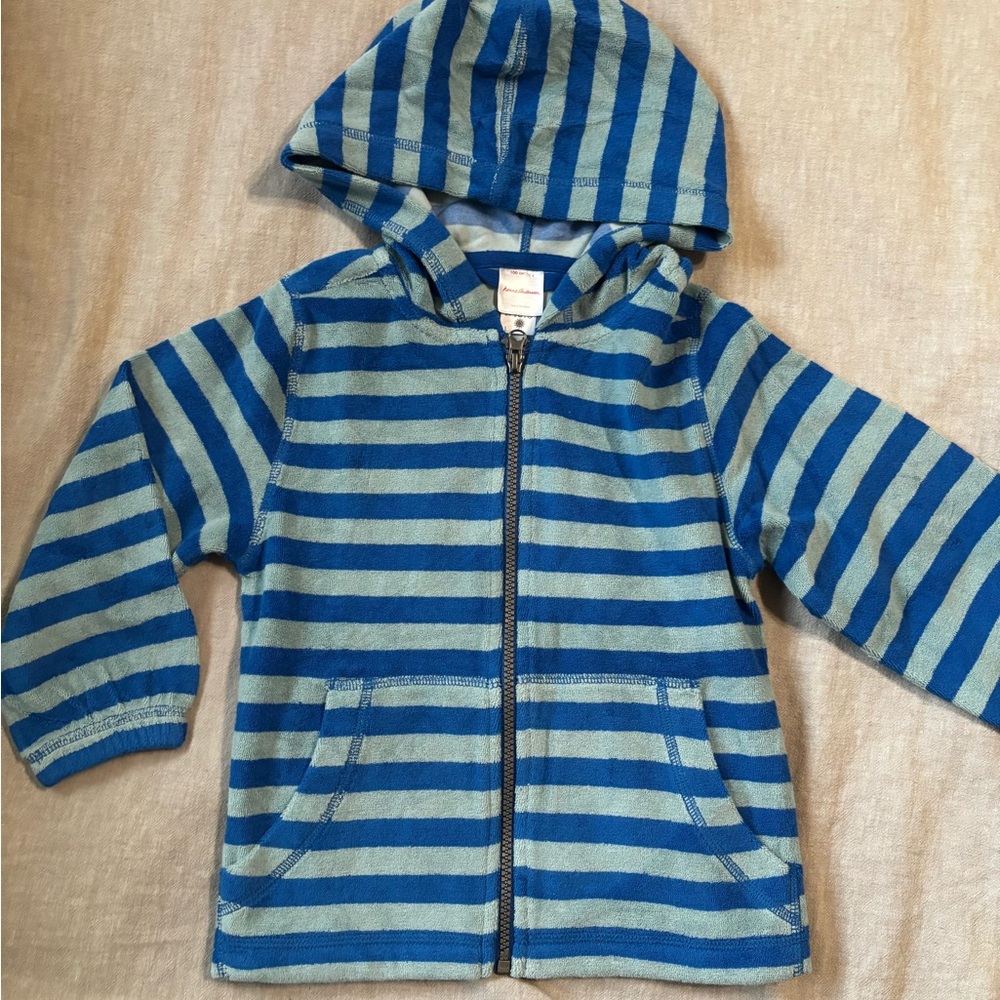 Hanna Andersson Blue Striped Terry Cloth Hoodie. Swim Cover-up or Jacket, NWOT